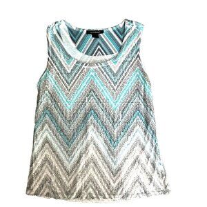 ASHLEY STEWART White w/ Silver chiffon  Round Neck Sleeveless Top 14-16